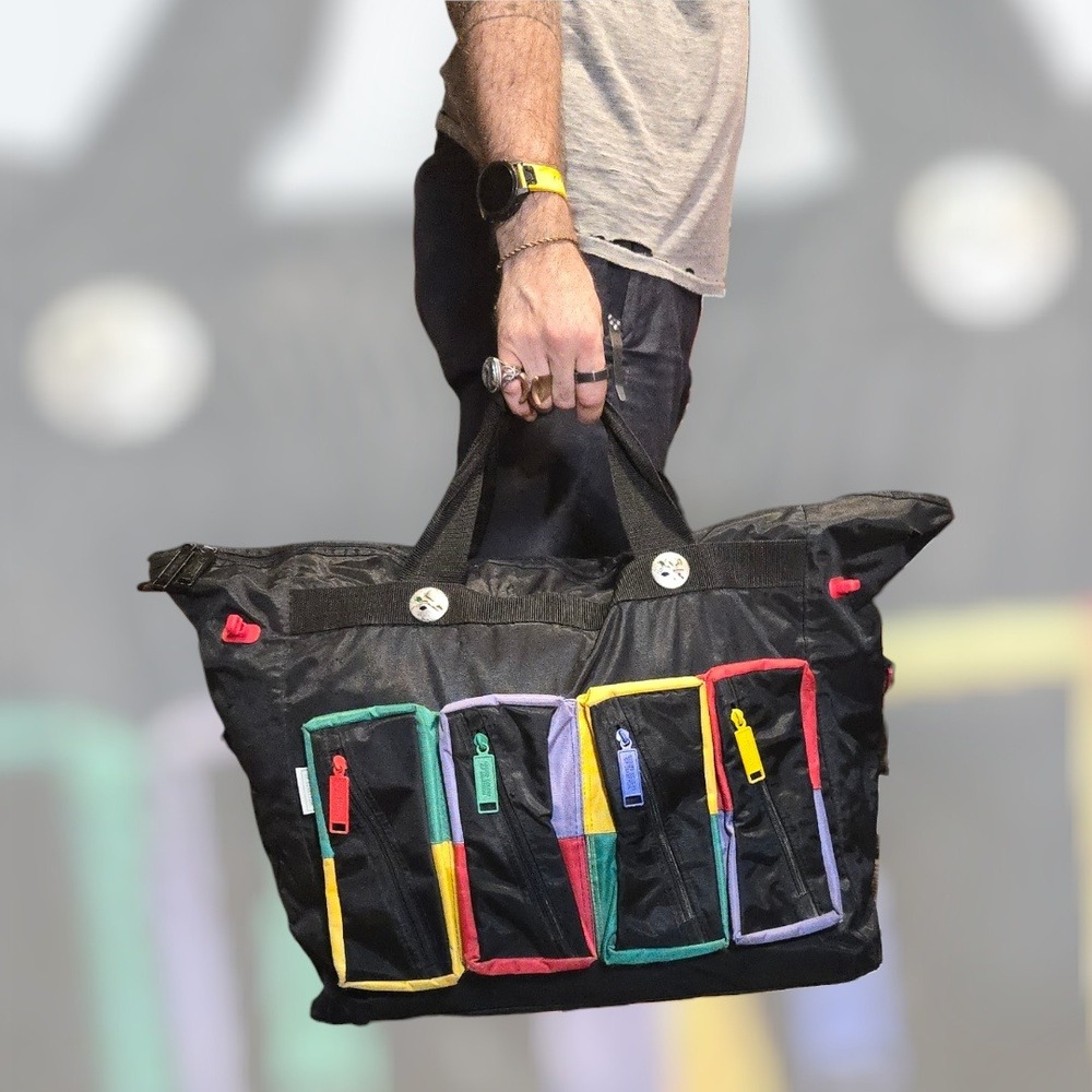 Vtg 1990s United Colors Of Benetton Nylon Duffel Black Logo Colorblock Pockets - Picture 1 of 16